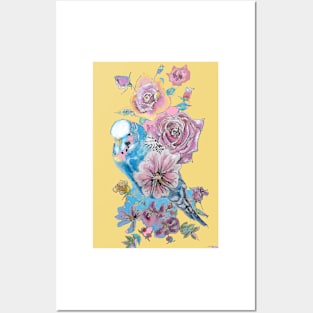 Blue Budgie and Rose Watercolor Painting on Yellow Posters and Art